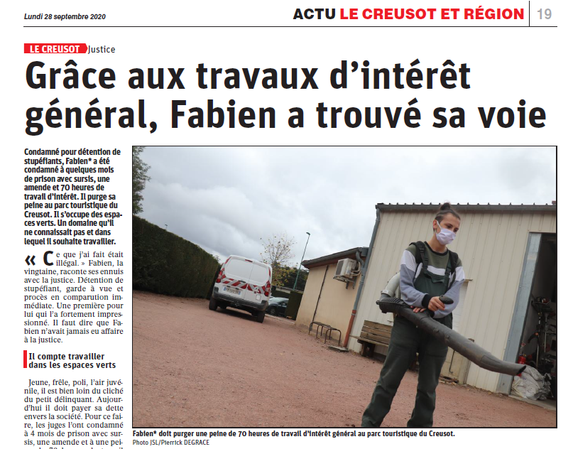 Article de journal avec comme titre "Gr$ace aux travaux d'intérêt général, Fabien a trouvé sa voie" - Personne condamnée à un TIG au parc touristique de Creusot (71) - octobre 2020