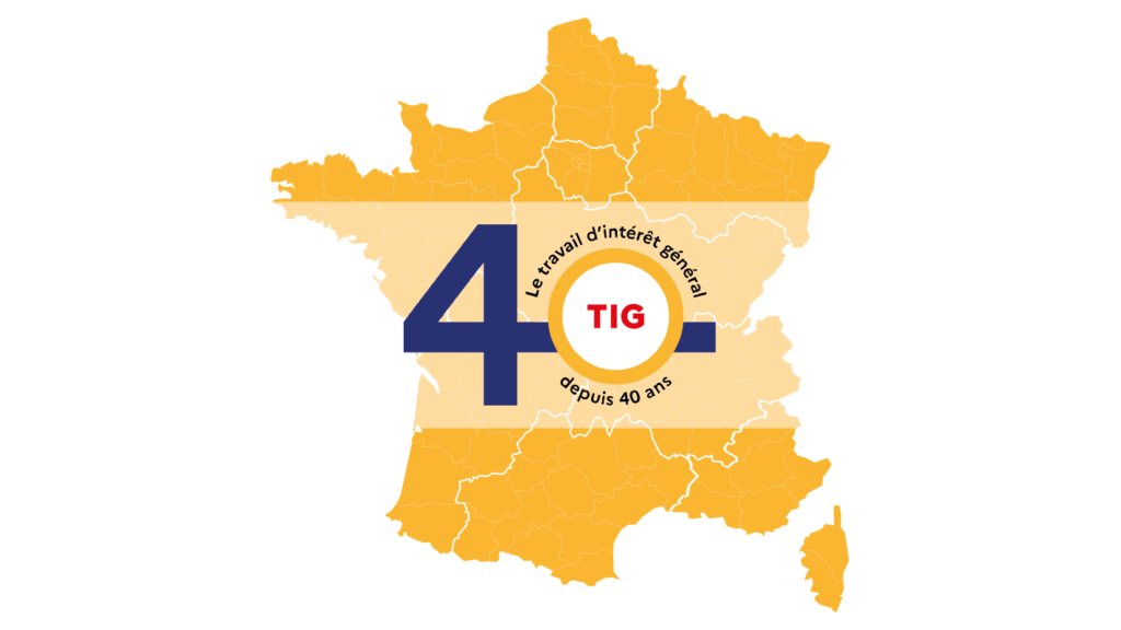 Visuel d'une carte de france en arrière plan en jaune, et d'un logo en premier plan pour l'événement des 40 ans du TIG