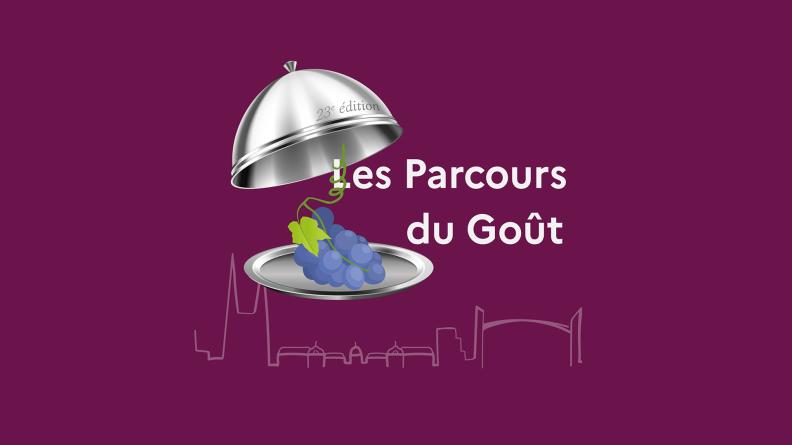 Visuel avec écrit "Les parcours du goût" sur fond violet